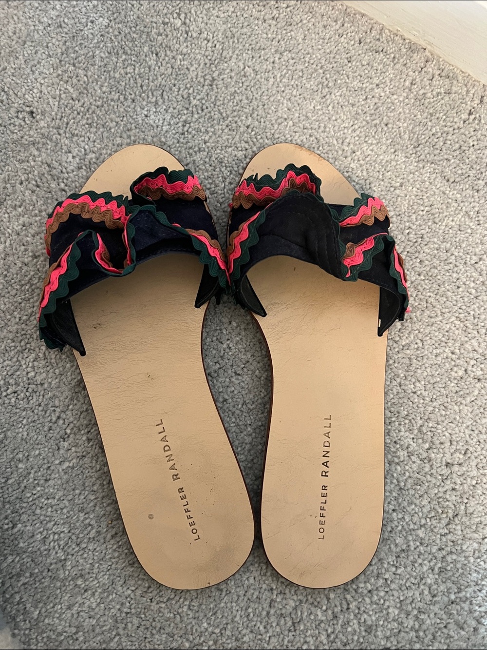 Loeffler Randall Black Slide Sandals with Pink and Green Rickrack